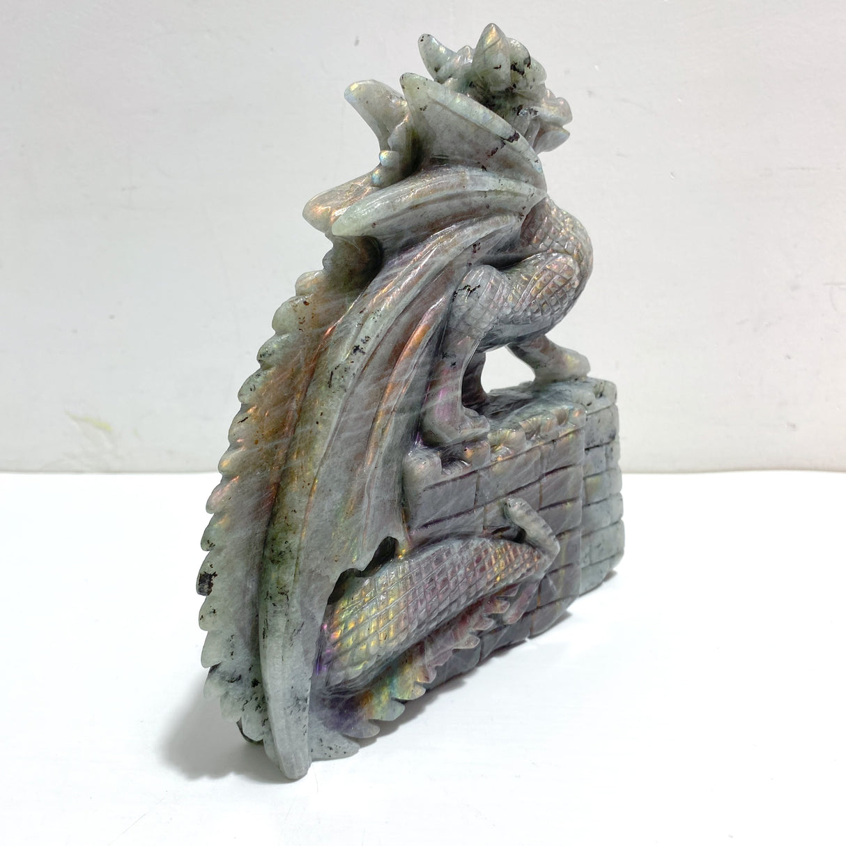 Beautiful Labradorite Flying Dragon Castle Carving