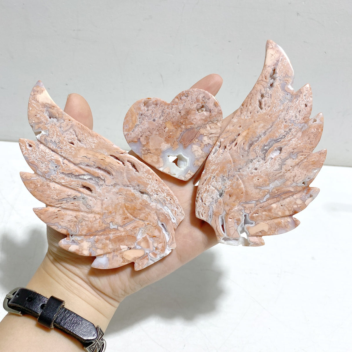 Unique Pink Agate Heart Wing Carving With Stand