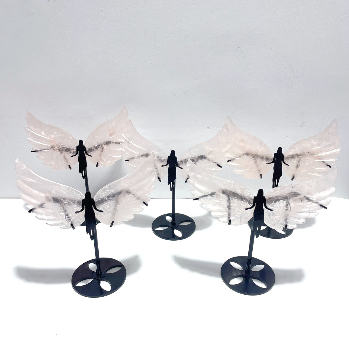 5 Pairs Unique Rose Quartz Angel Wing Carving With Stand
