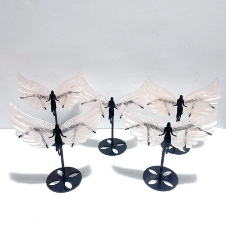 5 Pairs Unique Rose Quartz Angel Wing Carving With Stand
