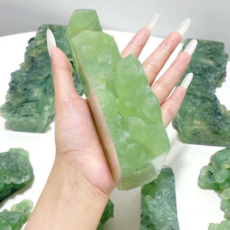 7 Pieces Large Natural Prehnite Tower Raw Side - Wholesale Crystals