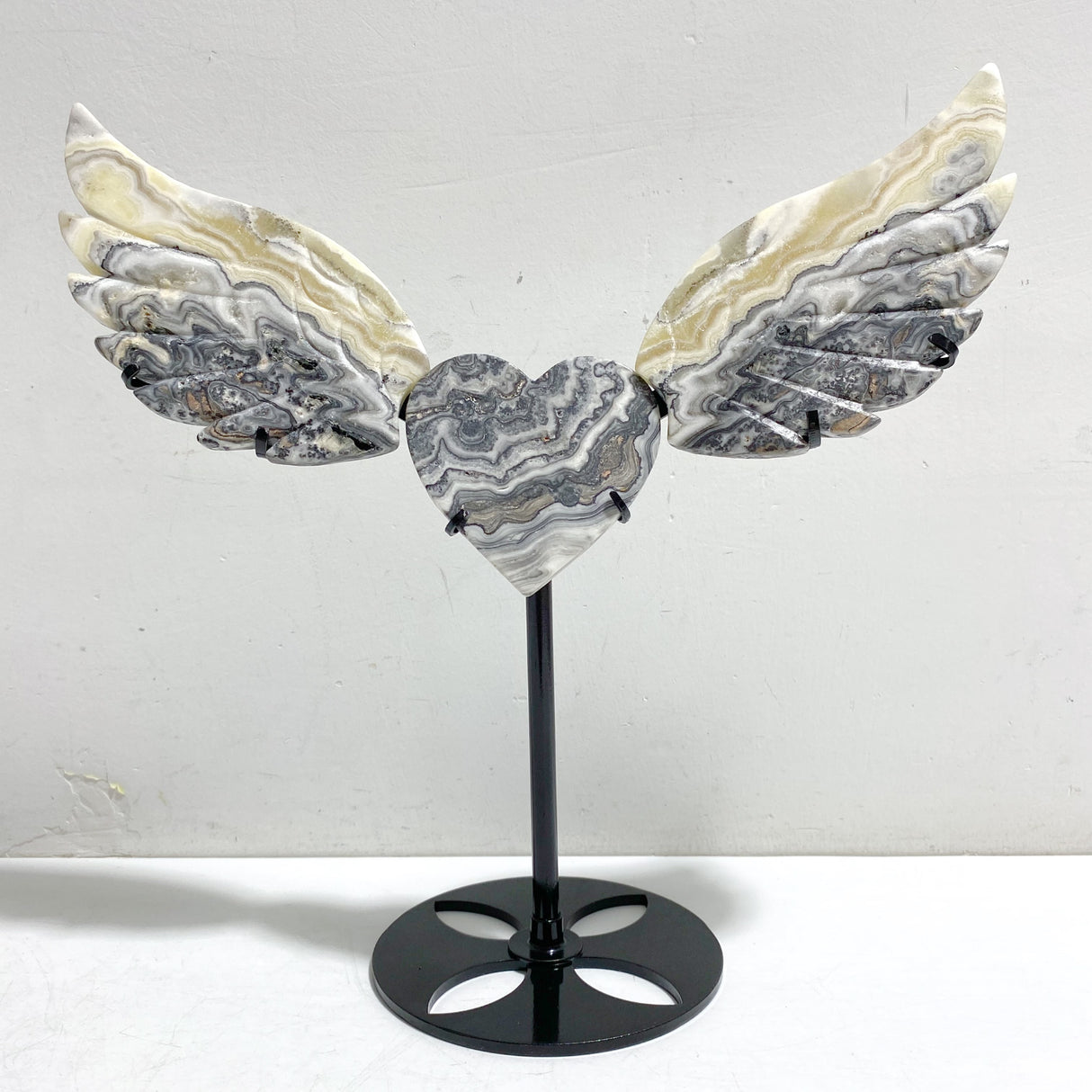 Gray Lace Agate Heart Wing Carving With Stand