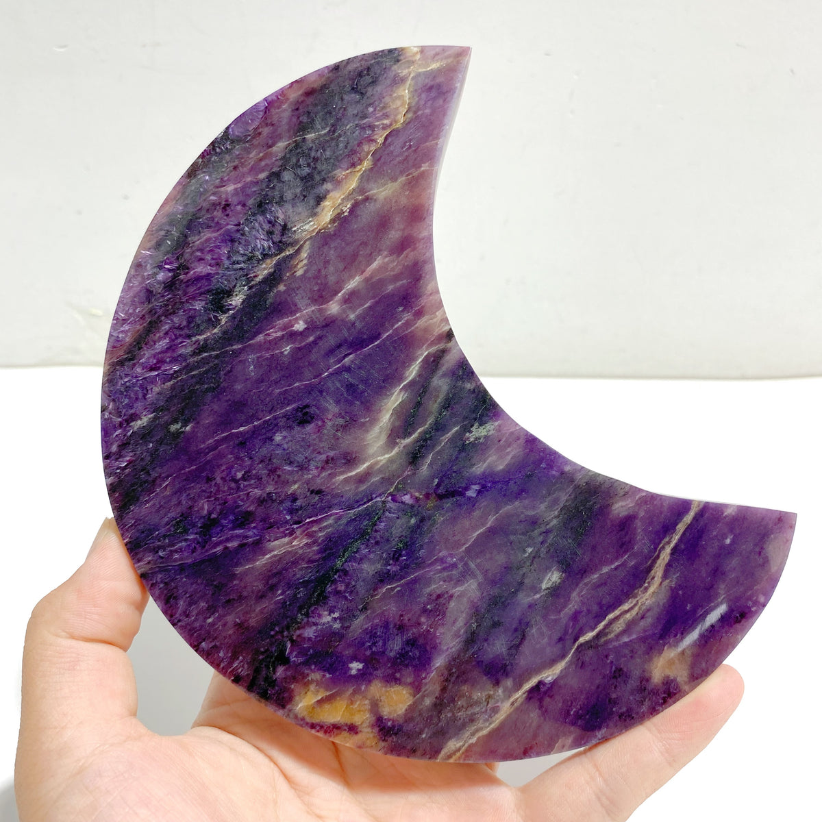 Large Charoite Moon Carving With Stand