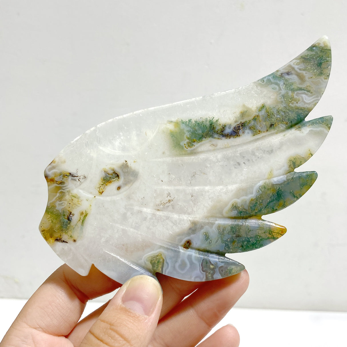 Moss Agate Heart Wing Carving With Stand