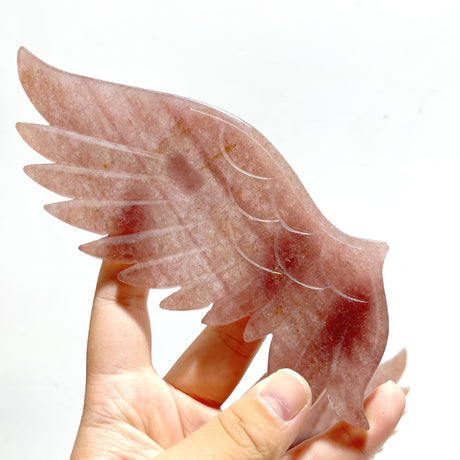 Beautiful Strawberry Quartz Angel Wing Carving With Stand