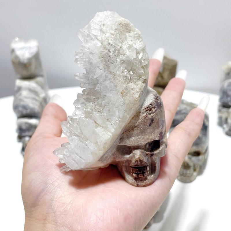 9 Pieces Clear Quartz Cluster Indian Skull Carving - Wholesale Crystals