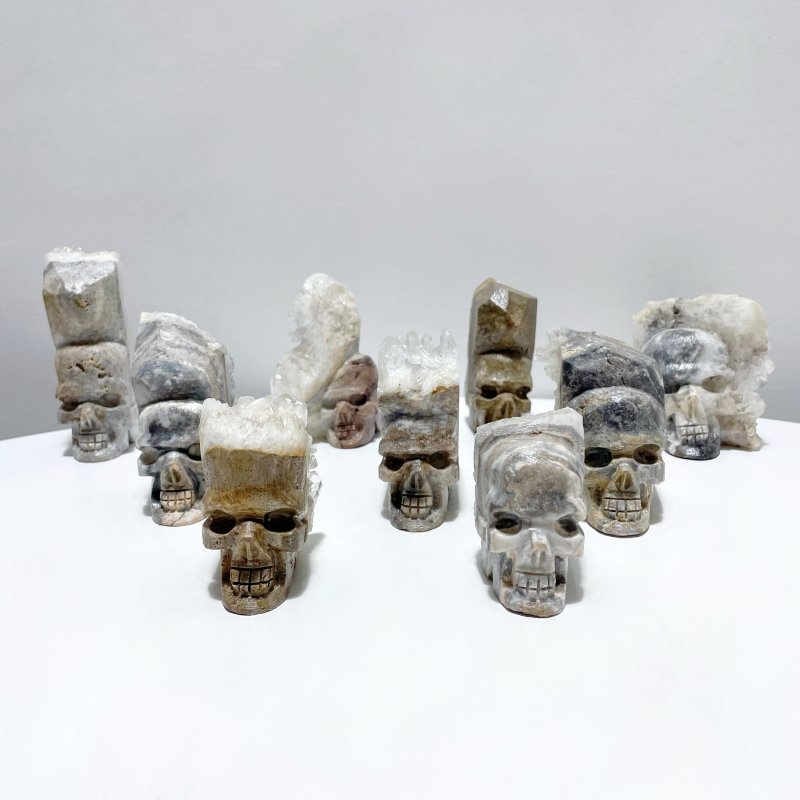 9 Pieces Clear Quartz Cluster Indian Skull Carving - Wholesale Crystals