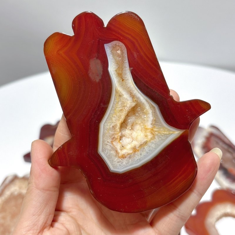9 Pieces Large Carnelian Geode Hamsa Hand Carving - Wholesale Crystals