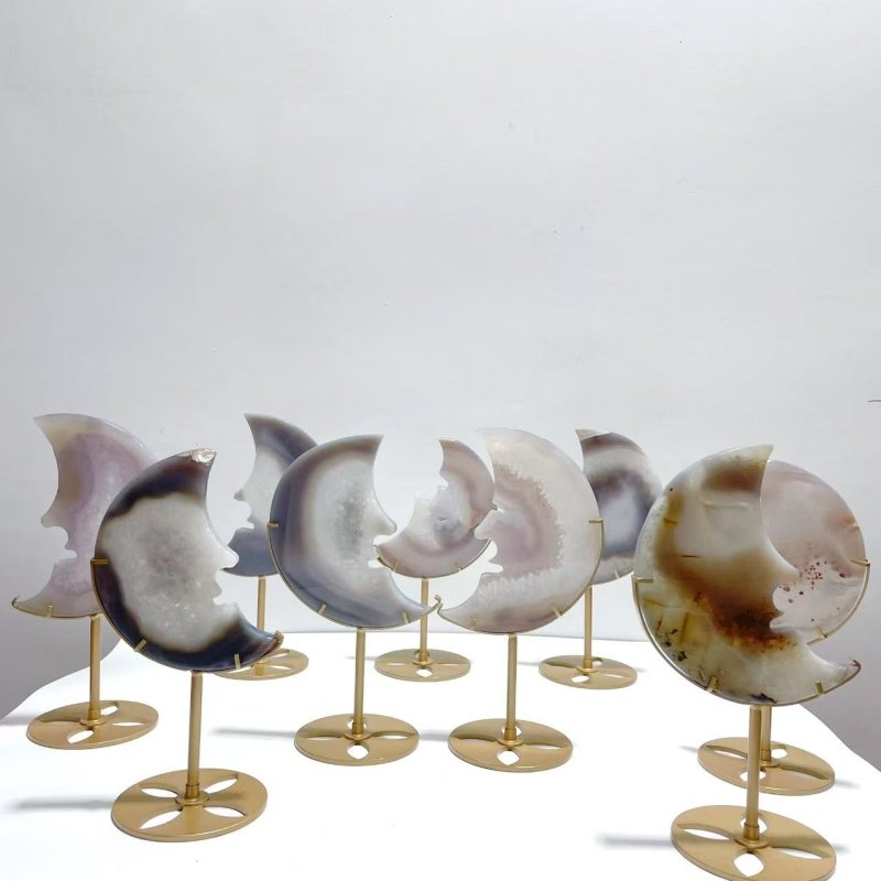 9 Pieces Large Geode Agate Moon Face Carving With Stand - Wholesale Crystals