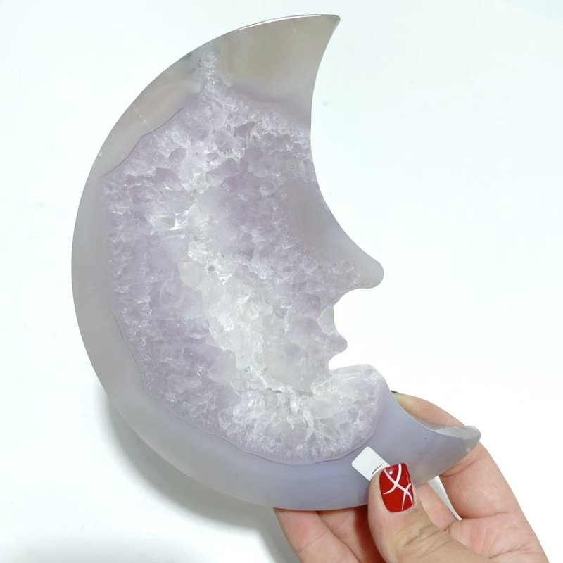 9 Pieces Large Geode Agate Moon Face Carving With Stand - Wholesale Crystals