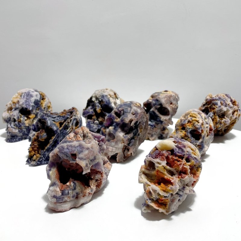 9 Pieces Large Purple Fluorite Skull Carving - Wholesale Crystals