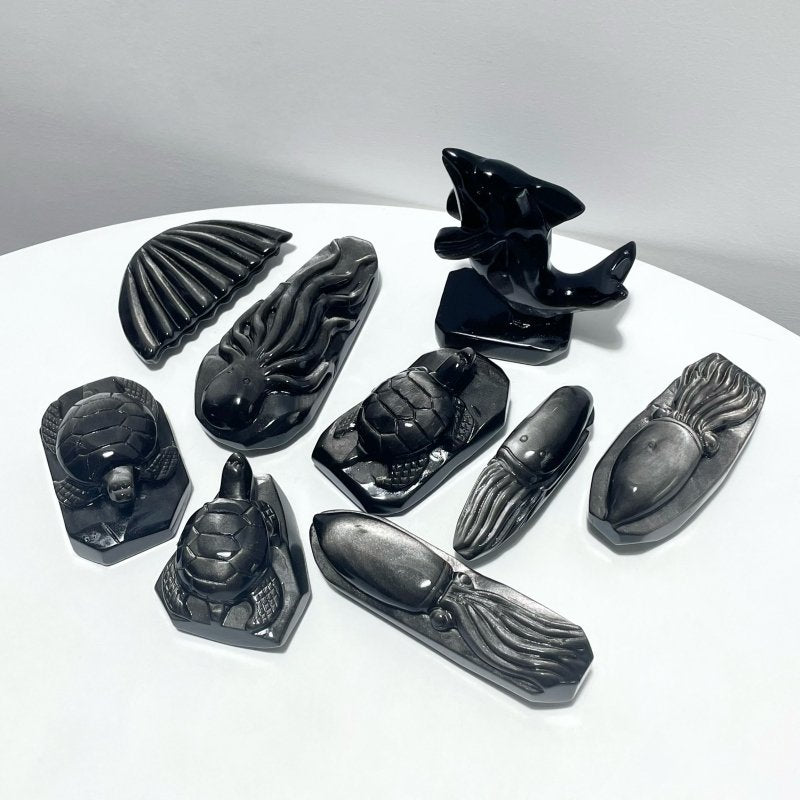 9 Pieces Silver Sheen Obsidian Sea Animals Carving - Wholesale Crystals