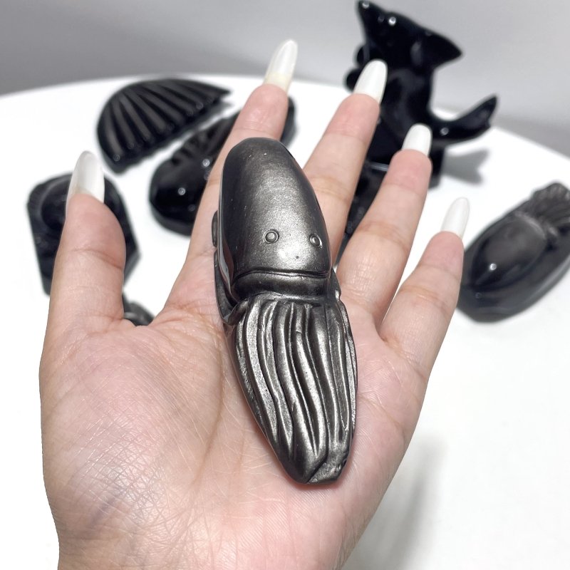 9 Pieces Silver Sheen Obsidian Sea Animals Carving - Wholesale Crystals