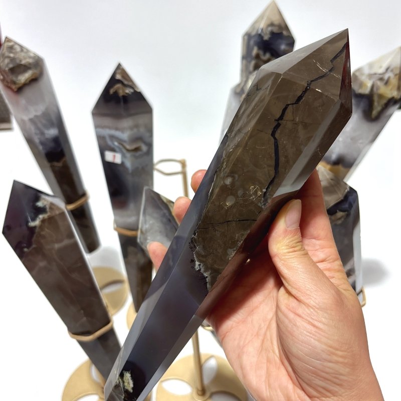 9 Pieces Valcano Agate Scepter Wand With Stand (UV Reactive) -Wholesale Crystals
