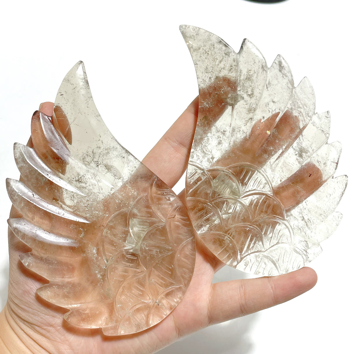 3 Pairs Angel Wing Carving With Stand Clear Quartz Smoky Quartz