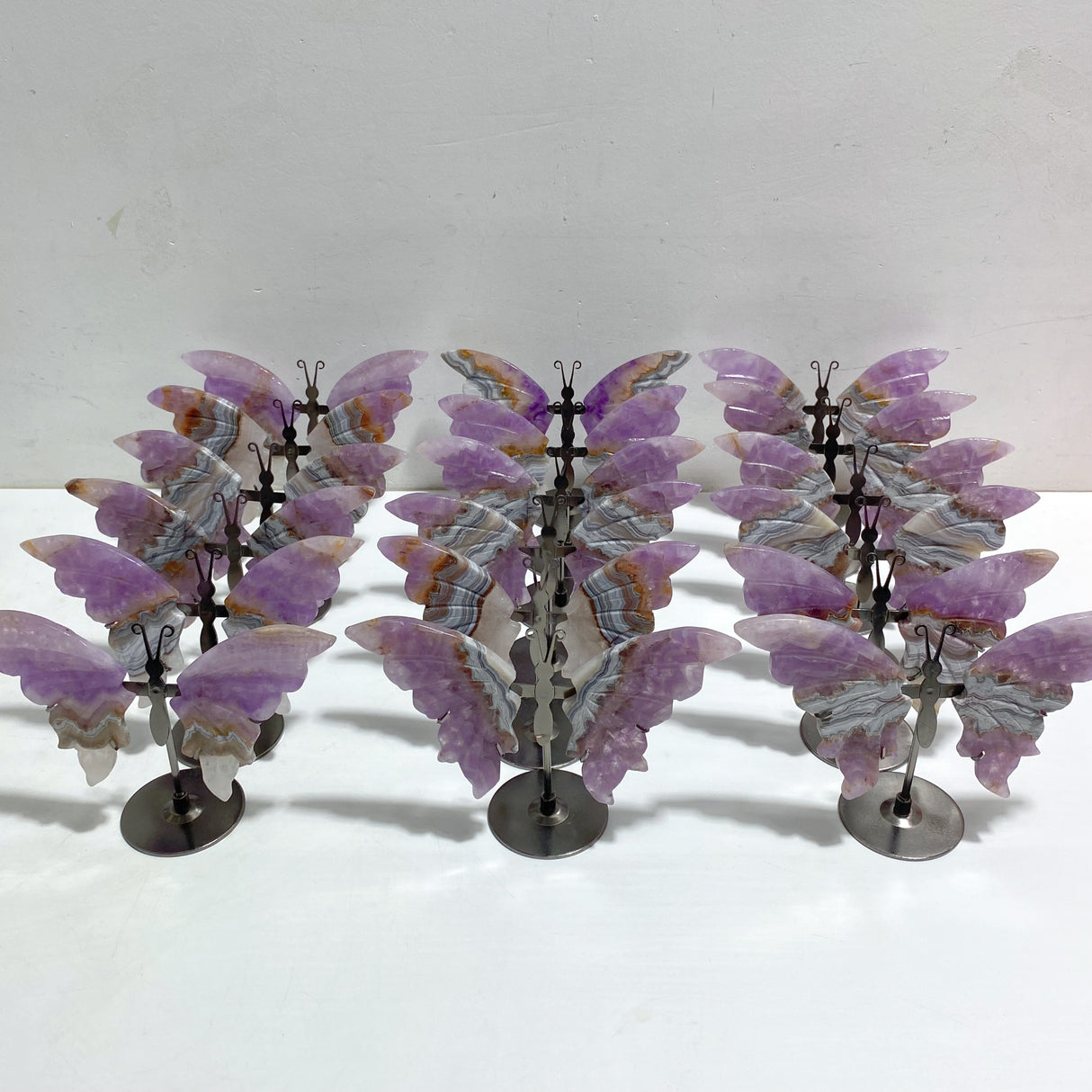 Amethyst Mixed Stripe Agate Butterfly Wing Carving With Stand Wholesale