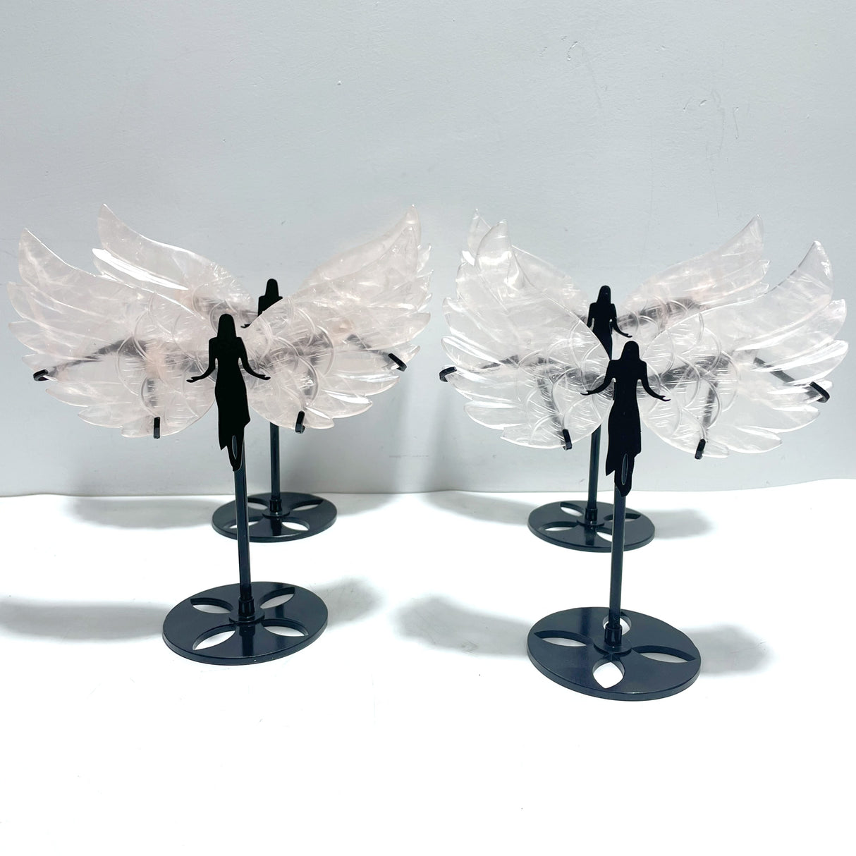 4 Pairs Rose Quartz Angel Wing Carving With Stand