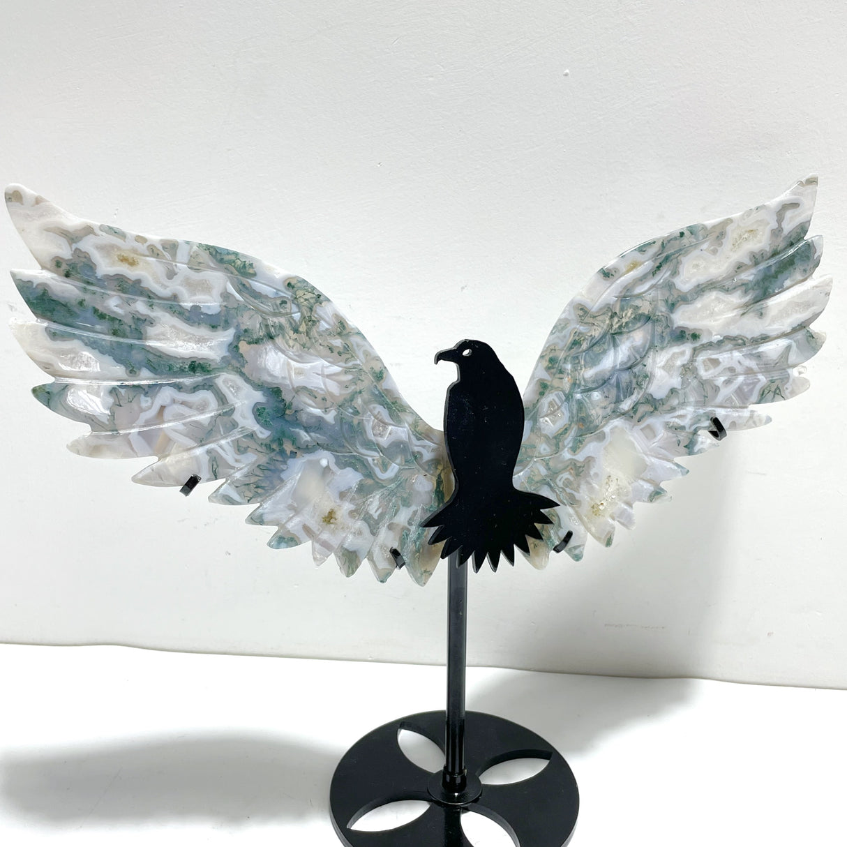 Unique Moss Agate Eagle Wing Carving With Stand
