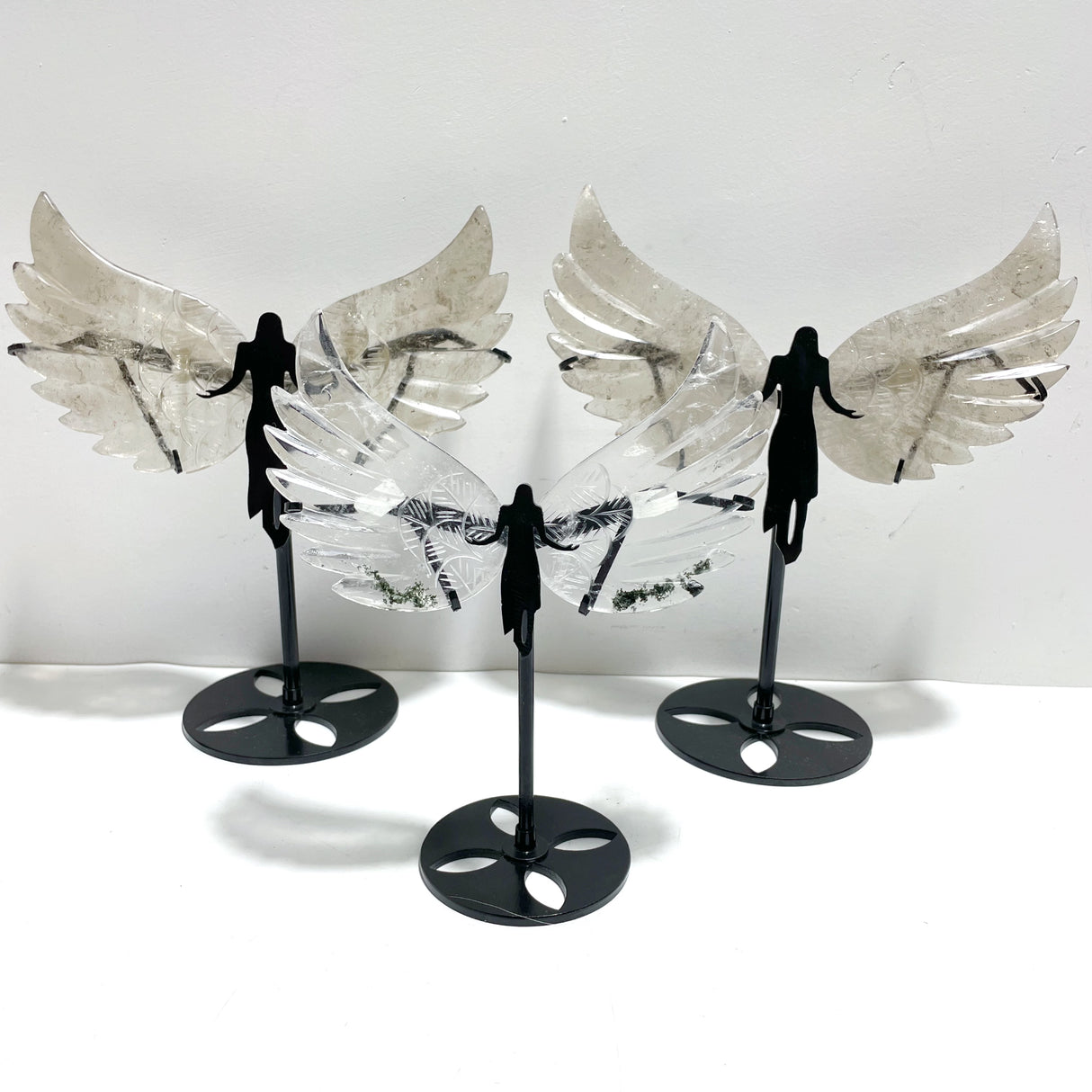 3 Pairs Angel Wing Carving With Stand Clear Quartz Smoky Quartz