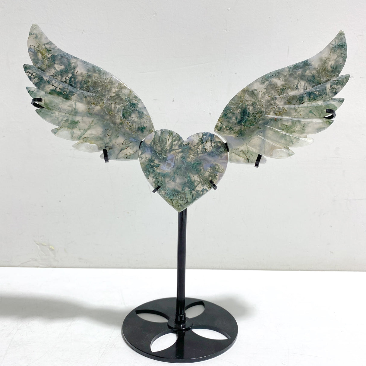 Moss Agate Heart Wing Carving With Stand