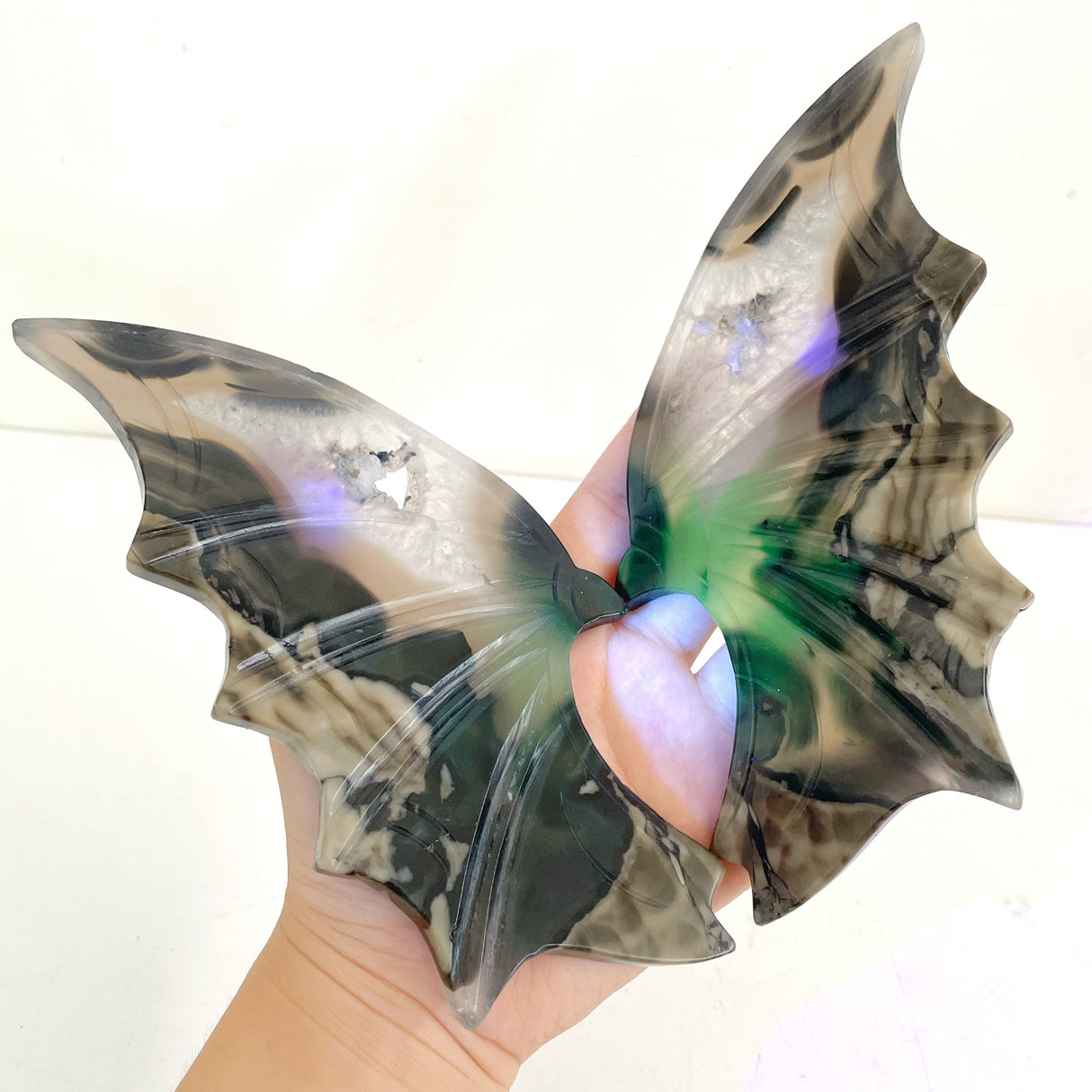 Unique Volcano Agate Bat Wing With Stand (UV-Reactive)