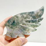 Moss Agate Heart Wing Carving With Stand