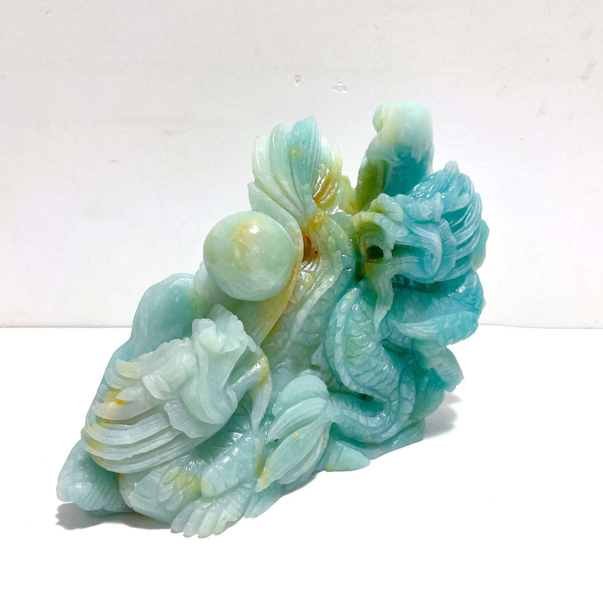 Beautiful Caribbean Calcite Two Dragons Playing with a Pearl Carving
