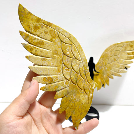 Unique Yellow Ocean Jasper Angel Wing Carving With Stand