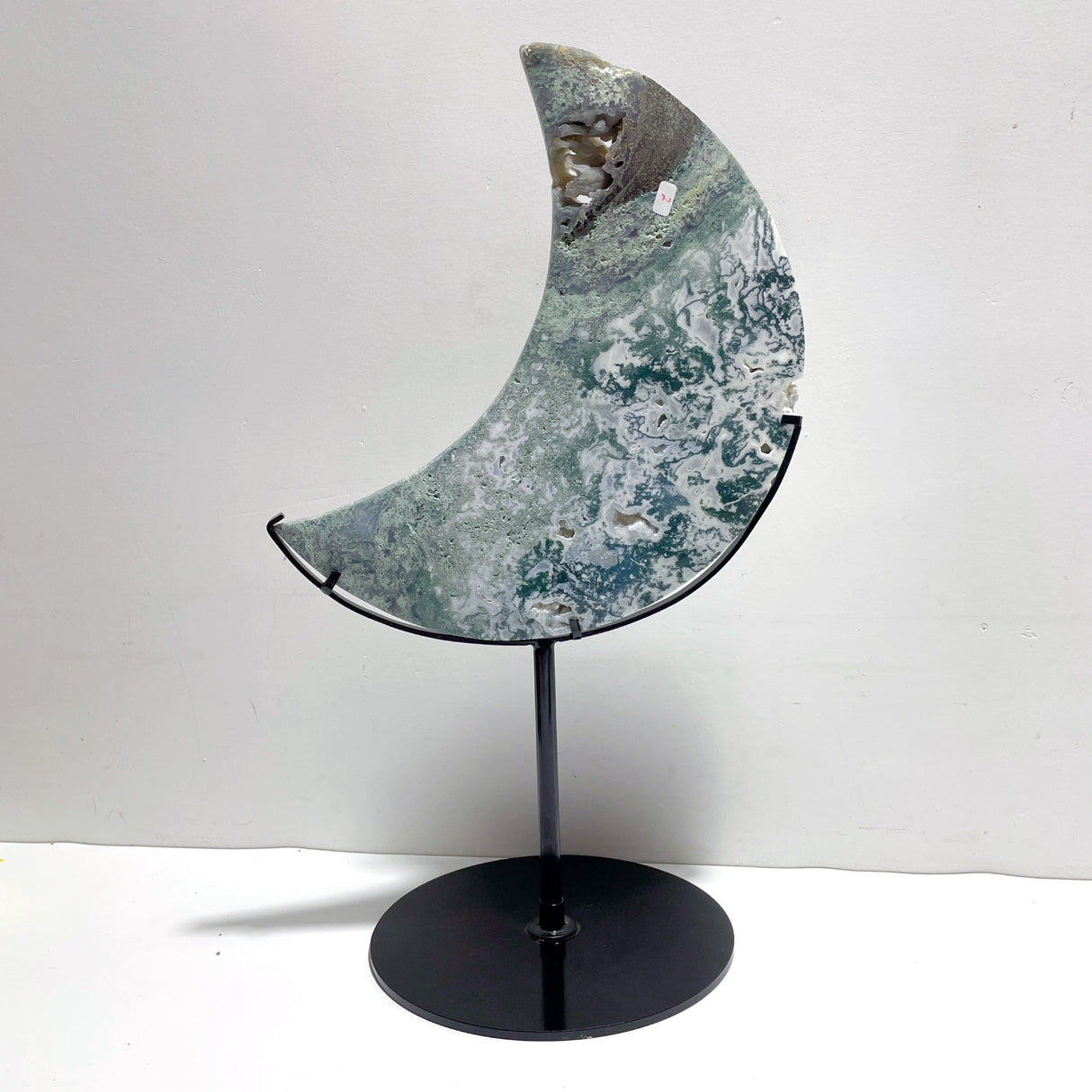2 Pieces Large Moss Agate Moon With Stand Home Decor