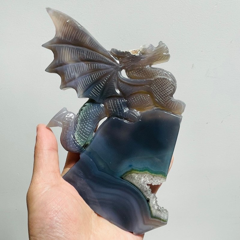 Beautiful Green Agate Dragon Geode Carving Wing With Stand - Wholesale Crystals