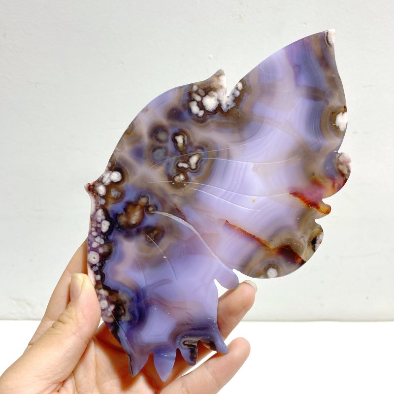 Beautiful Purple Sakura Flower Agate Butterfly Wing Carving With Stand - Wholesale Crystals