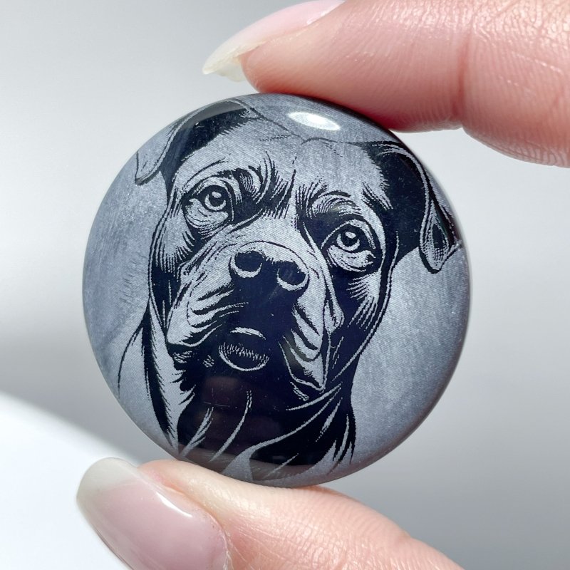 Black Obsidian Engraved Dog Round Slices DIY Accessories Wholesale - Wholesale Crystals