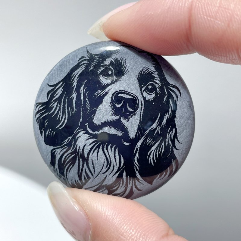 Black Obsidian Engraved Dog Round Slices DIY Accessories Wholesale - Wholesale Crystals