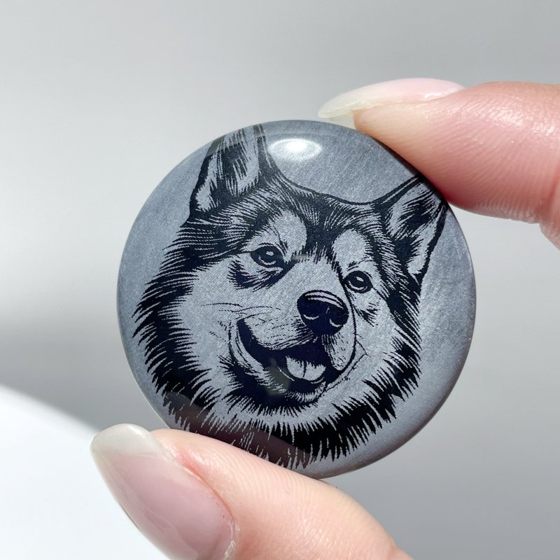 Black Obsidian Engraved Dog Round Slices DIY Accessories Wholesale - Wholesale Crystals