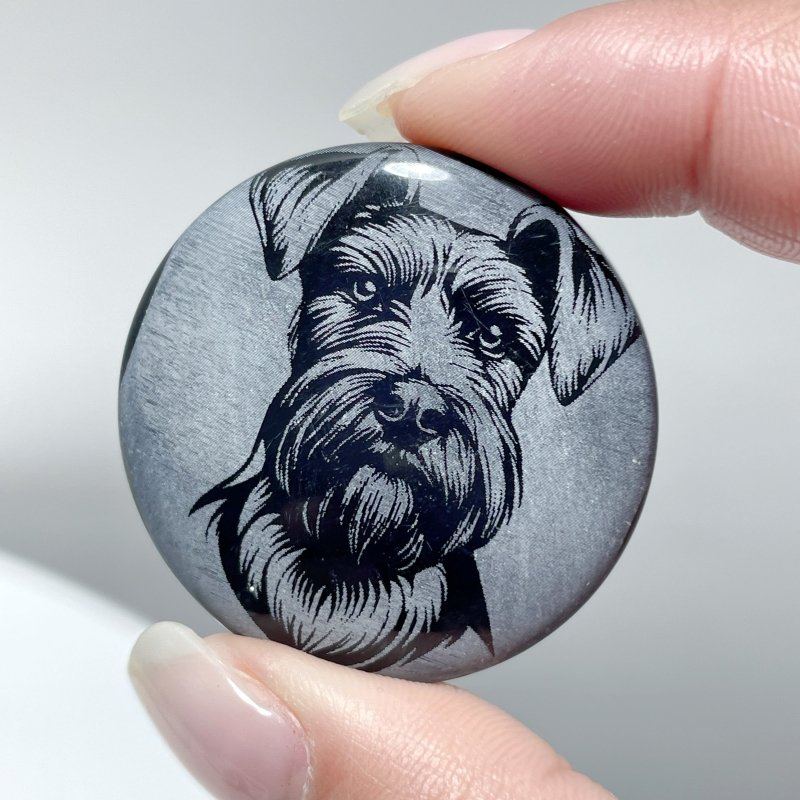 Black Obsidian Engraved Dog Round Slices DIY Accessories Wholesale - Wholesale Crystals