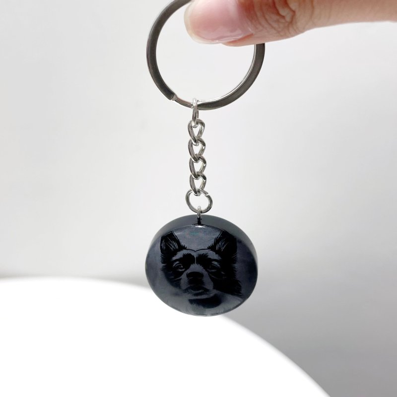 Black Obsidian Engraved Dog Round Slices Keychain Wholesale - Wholesale Crystals