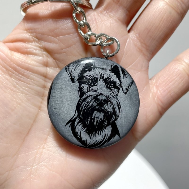 Black Obsidian Engraved Dog Round Slices Keychain Wholesale - Wholesale Crystals