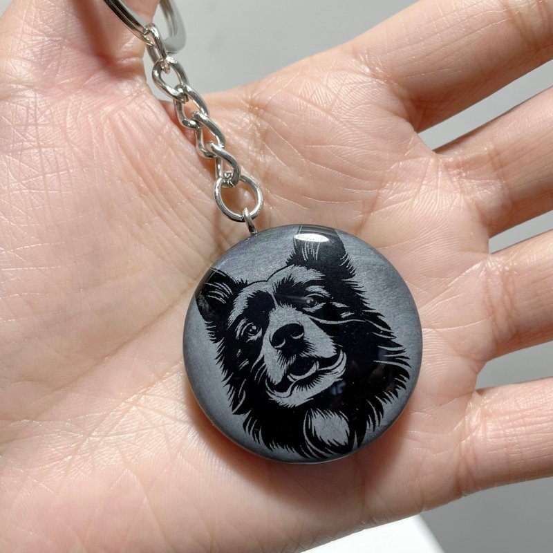 Black Obsidian Engraved Dog Round Slices Keychain Wholesale - Wholesale Crystals