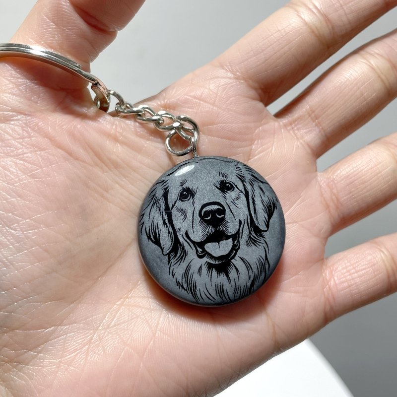 Black Obsidian Engraved Dog Round Slices Keychain Wholesale - Wholesale Crystals