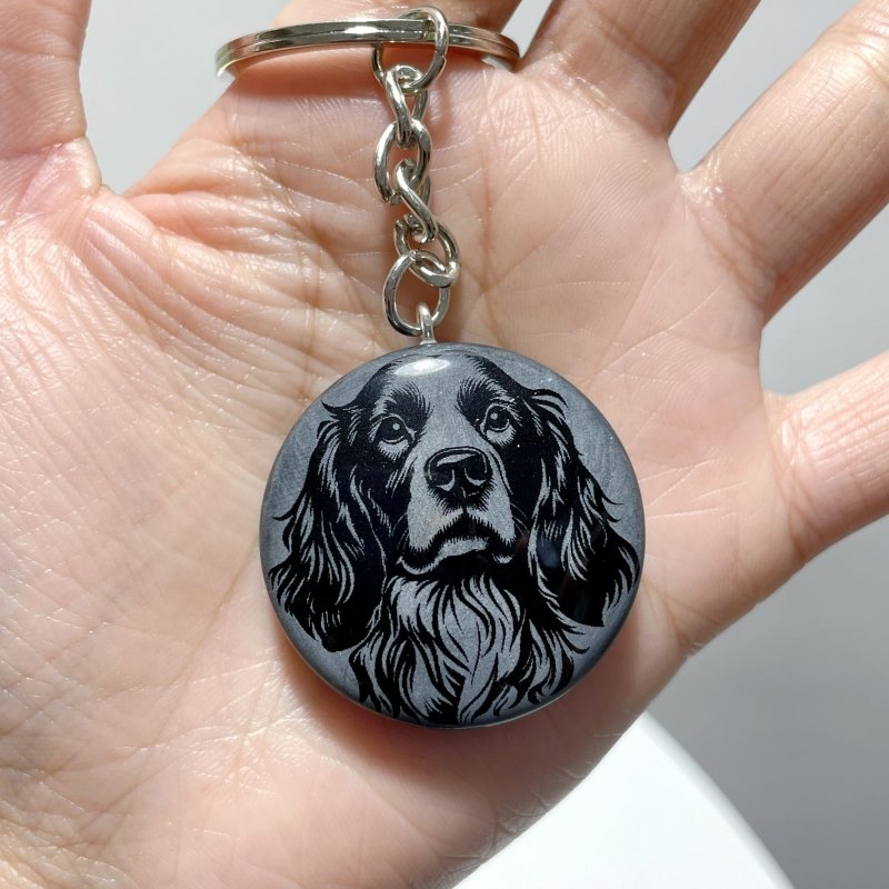 Black Obsidian Engraved Dog Round Slices Keychain Wholesale - Wholesale Crystals