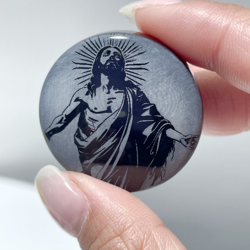 Black Obsidian Engraved Jesus Christ Round Slices DIY Accessories Wholesale - Wholesale Crystals