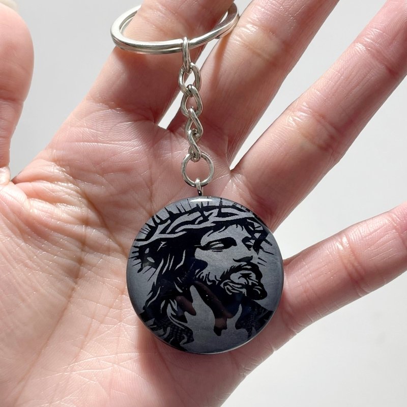 Black Obsidian Engraved Jesus Christ Round Slices Keychain Wholesale - Wholesale Crystals