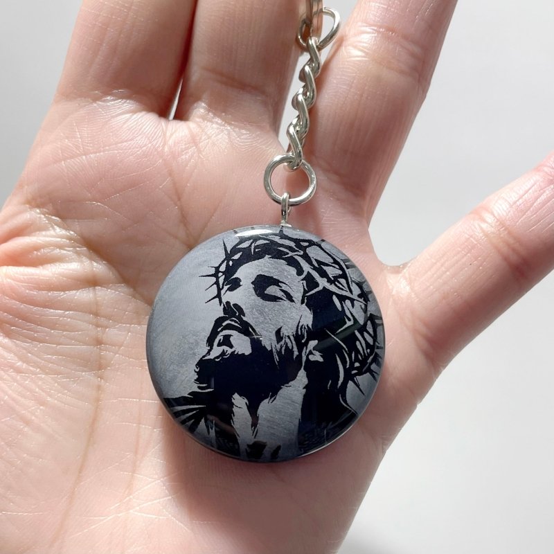 Black Obsidian Engraved Jesus Christ Round Slices Keychain Wholesale - Wholesale Crystals