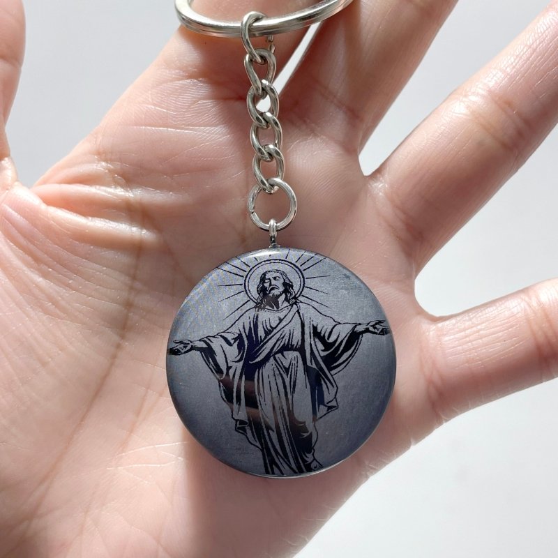 Black Obsidian Engraved Jesus Christ Round Slices Keychain Wholesale - Wholesale Crystals