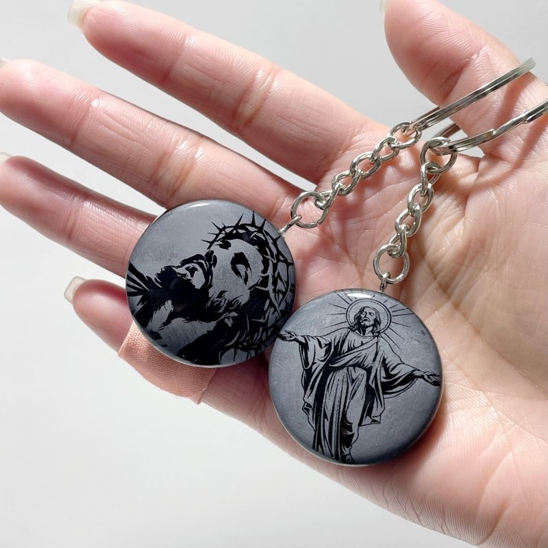 Black Obsidian Engraved Jesus Christ Round Slices Keychain Wholesale - Wholesale Crystals