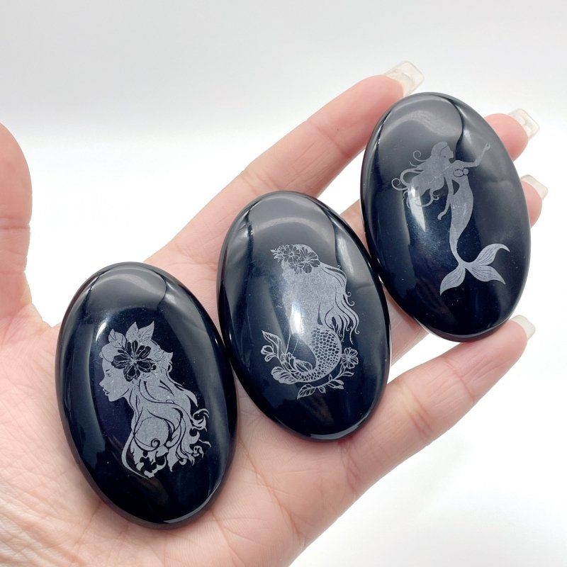 Black Obsidian Engraved Mermaid Palm 24 Designs Wholesale - Wholesale Crystals