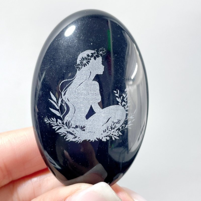 Black Obsidian Engraved Mermaid Palm 24 Designs Wholesale - Wholesale Crystals