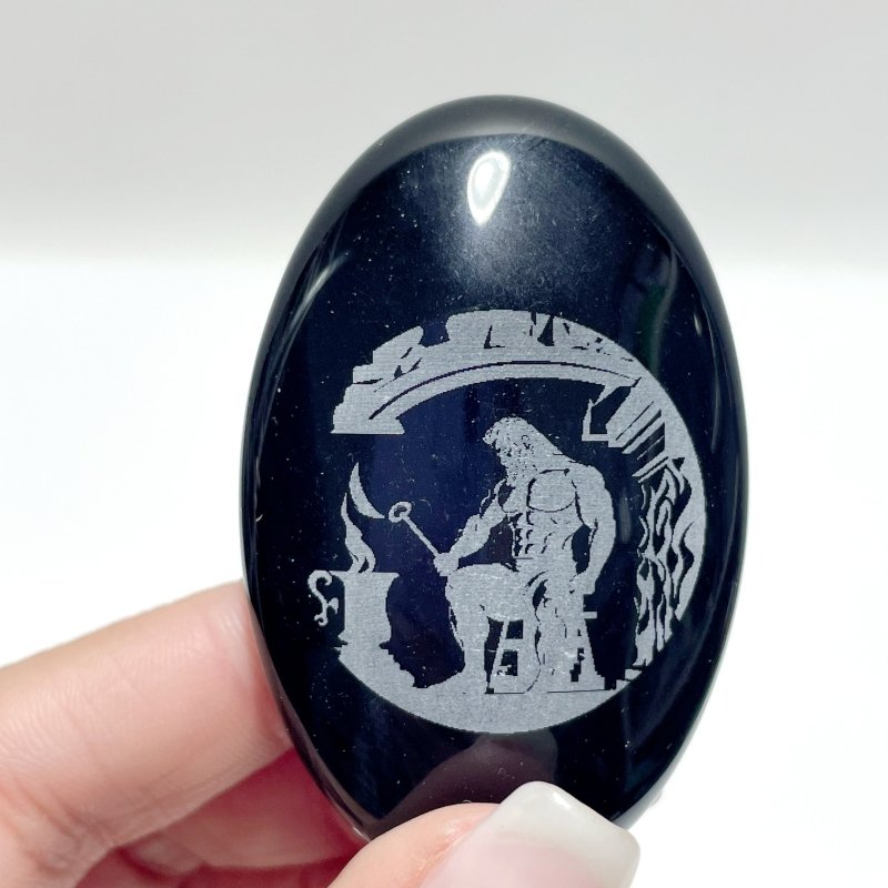 Black Obsidian Engraved Twelve Olympians Palm Stone Wholesale - Wholesale Crystals