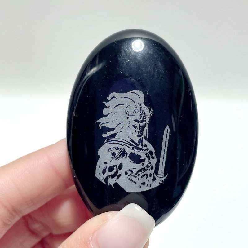 Black Obsidian Engraved Twelve Olympians Palm Stone Wholesale - Wholesale Crystals