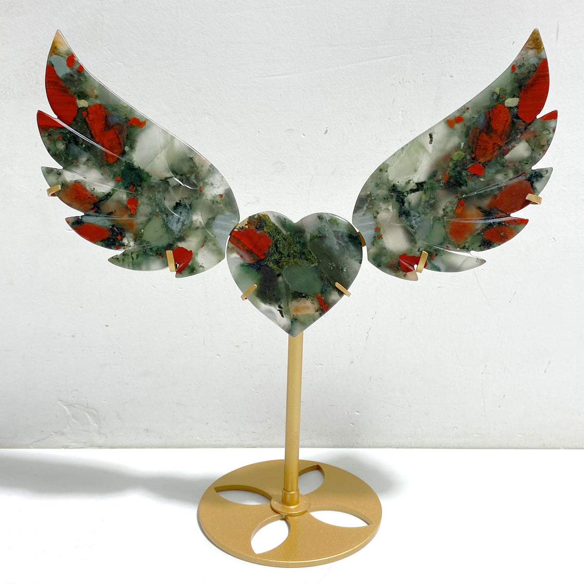 Unique Africa Blood Stone Heart Wing Carving With Stand